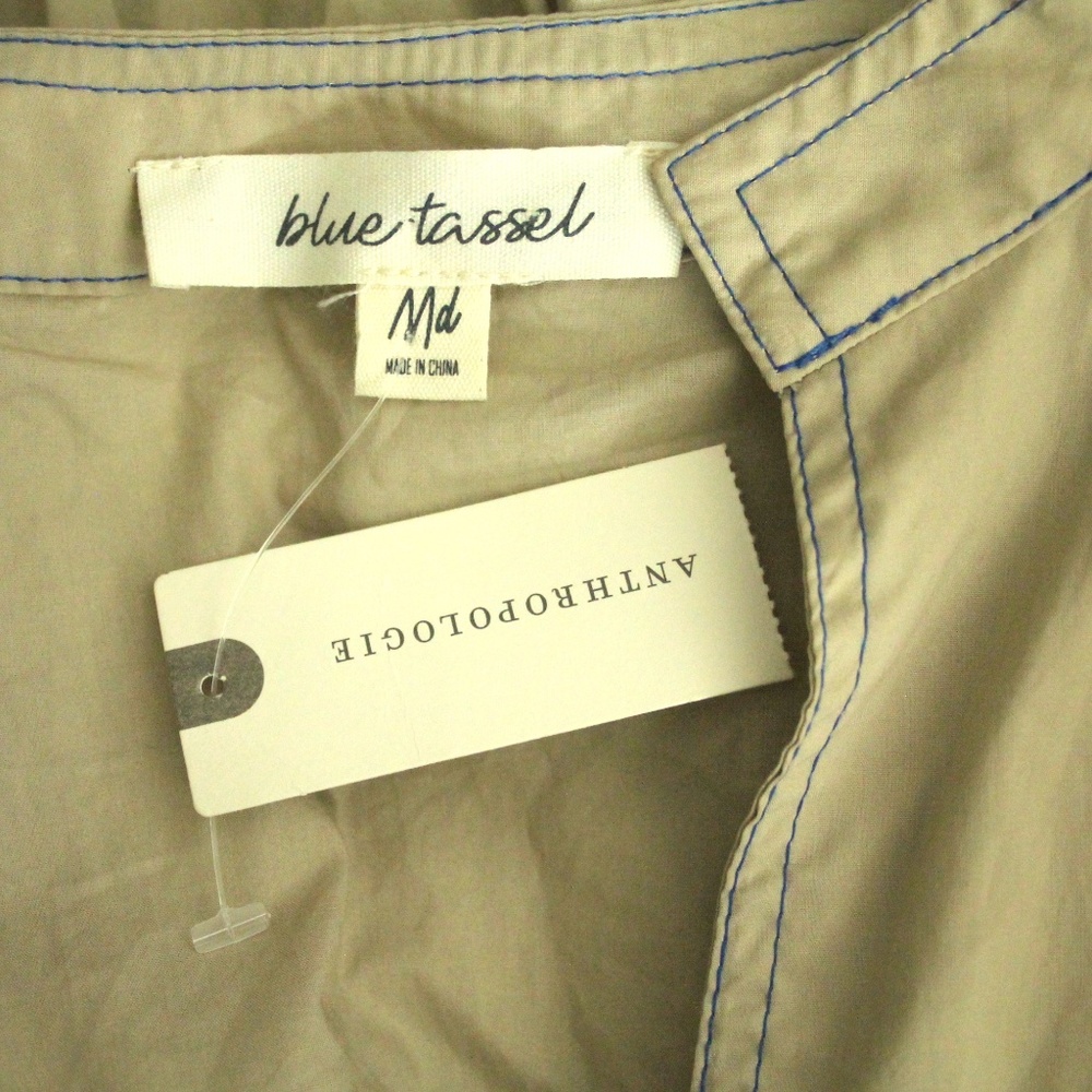 Anthropologie Ruffled Poplin Cotton Tunic Puff Sleeve Tan Mini Dress M NWT - Picture 6 of 6